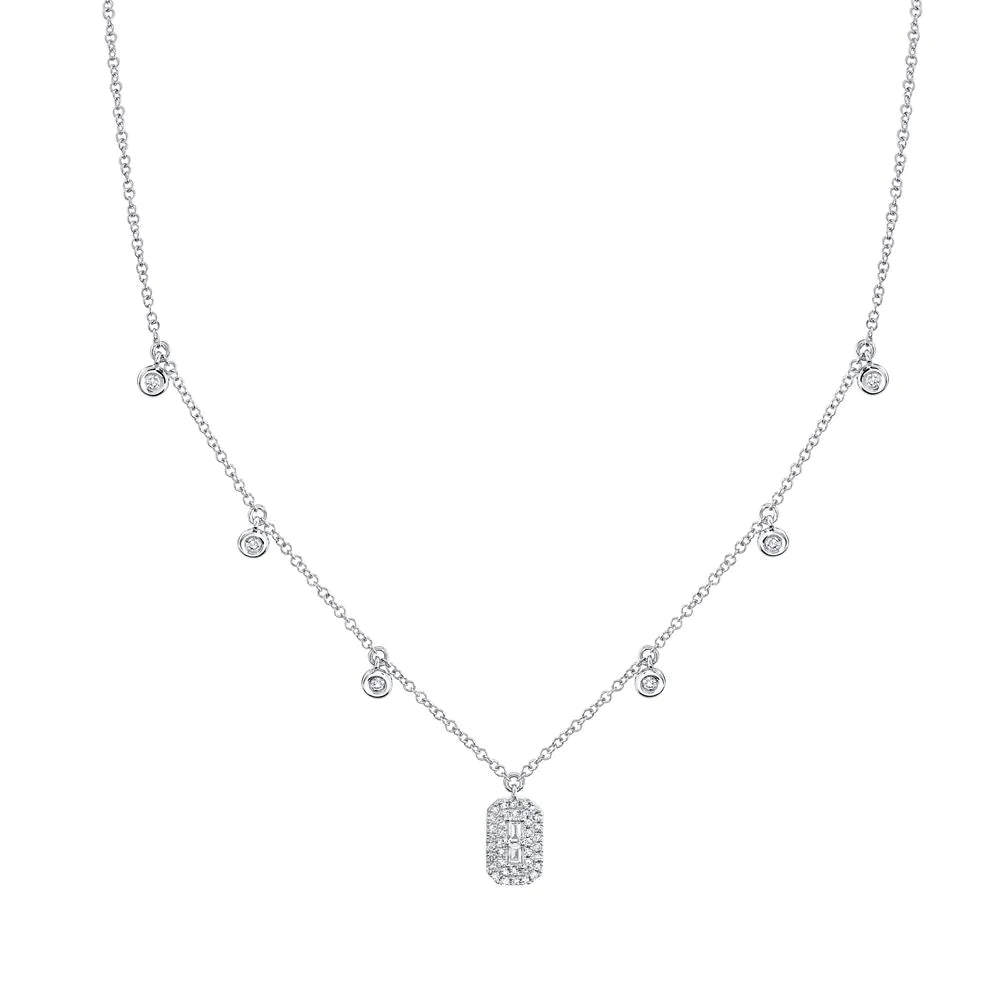 14K Gold 0.05 CT Baguette Cut Diamond Shaker Necklace Round Bezel Pendant