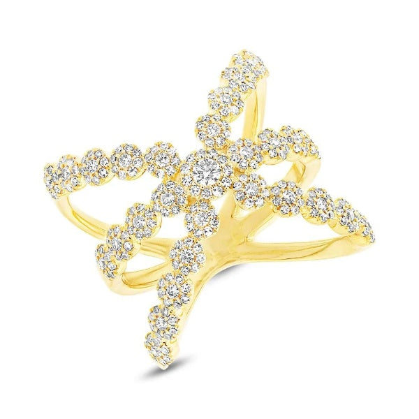14k Gold 0.80 CT Diamond Wide Crossover Halo Cocktail Ring Natural Round Cut