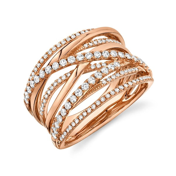 14K Gold 0.62 CT Diamond Bridge X Ring Criss Cross Crossover Multi Row Band Wide