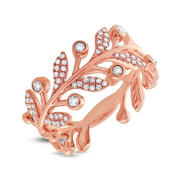 14K Gold 0.24 TCW Diamond Leaf Ring Statement Band Natural Round Cut Bezel