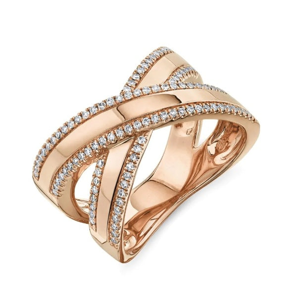 14K Gold 0.32 CT Diamond X Ring Crossover Right Hand Cocktail Index Middle Finger