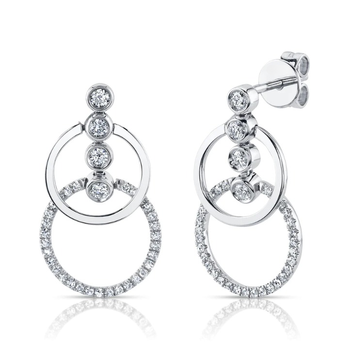 14K Gold Diamond Double Circle Drop Earrings
