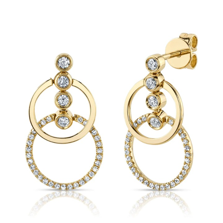 14K Gold Diamond Double Circle Drop Earrings
