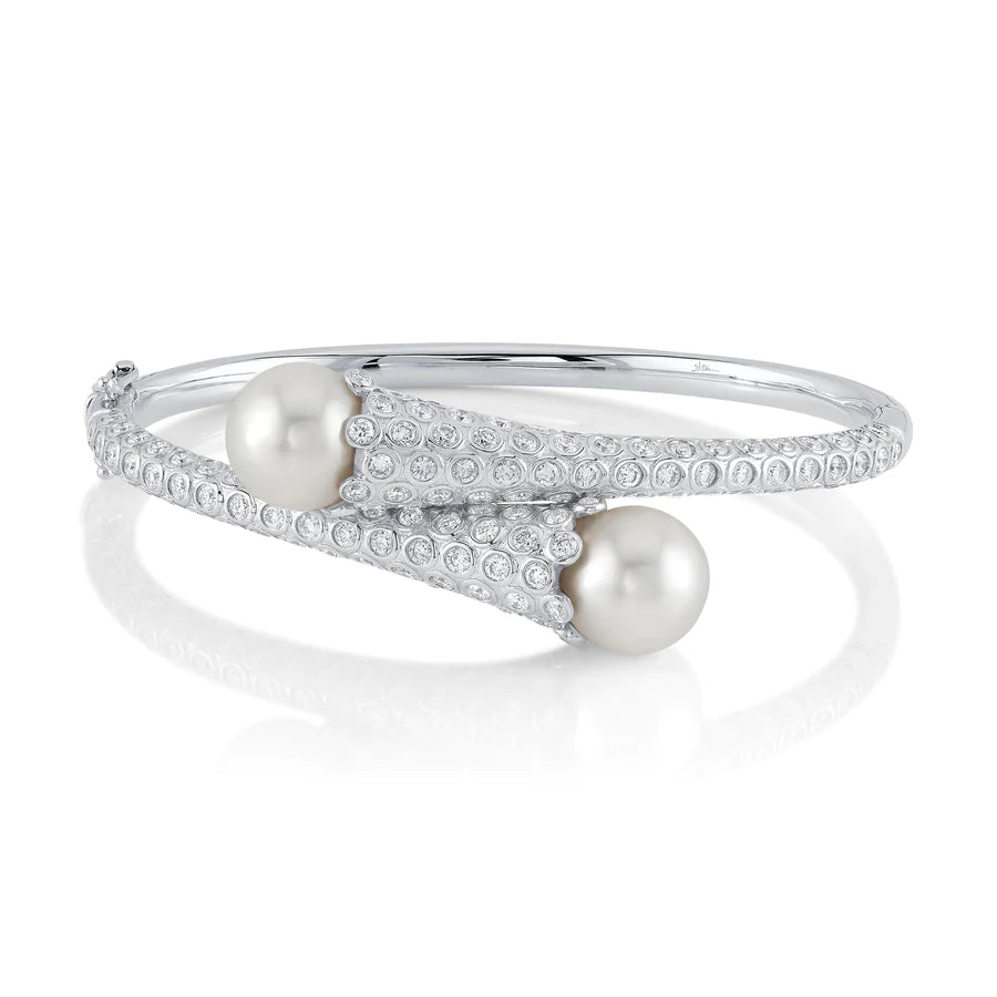 14K Gold Diamond and Pearl Bangle Bracelet