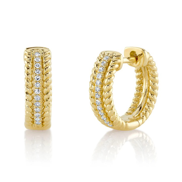 14K Gold Diamond Braided Huggie Earrings