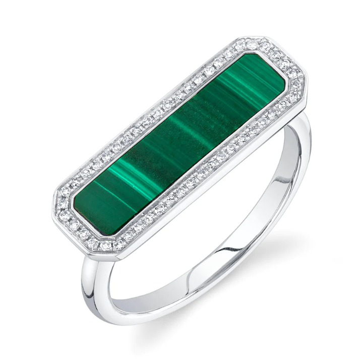 14K Gold Diamond Malachite Bar Ring
