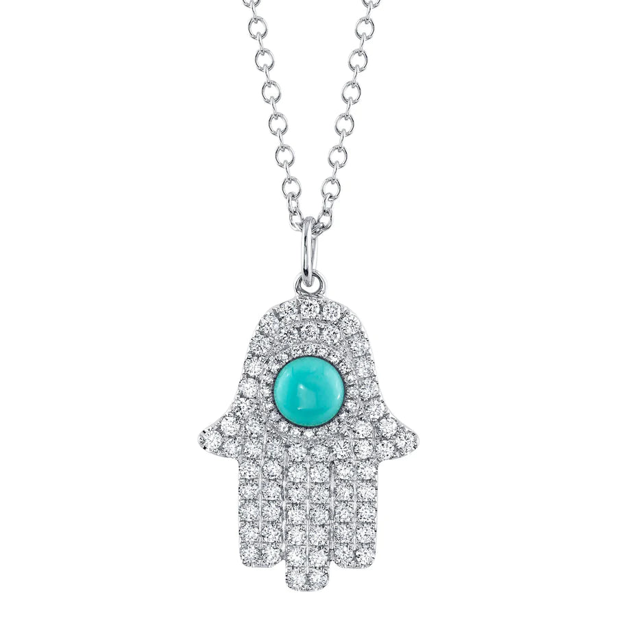 14K Gold Diamond Turquoise Hamsa Necklace
