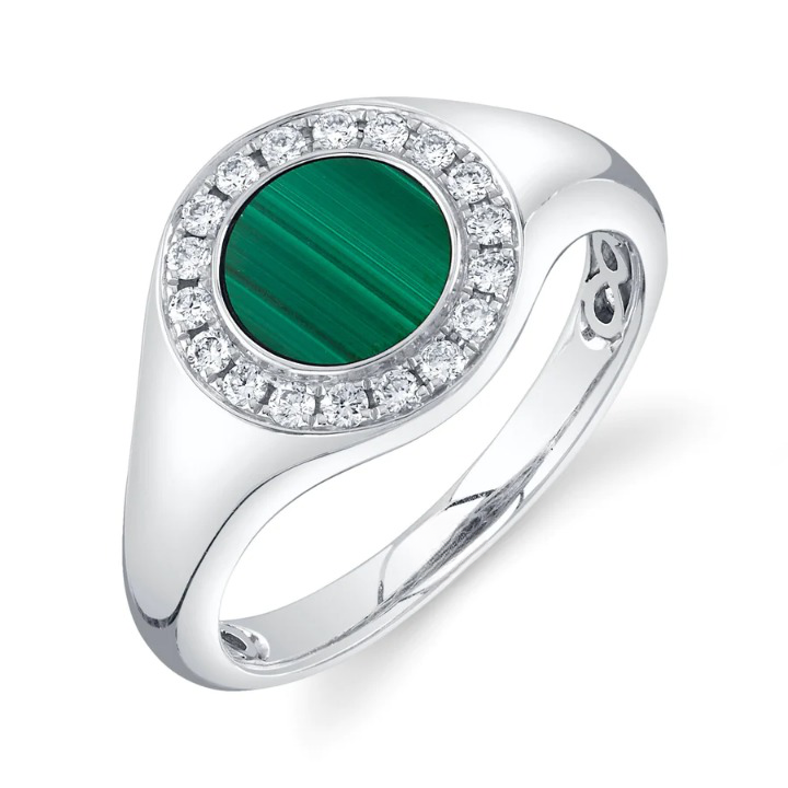 14K Gold 1.00 CT Diamond Malachite Signet Ring