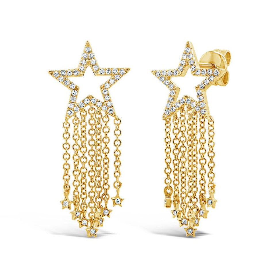 14K Gold 0.26CT Diamond Star Fringe Earrings Round Cut Natural Drop Dangle