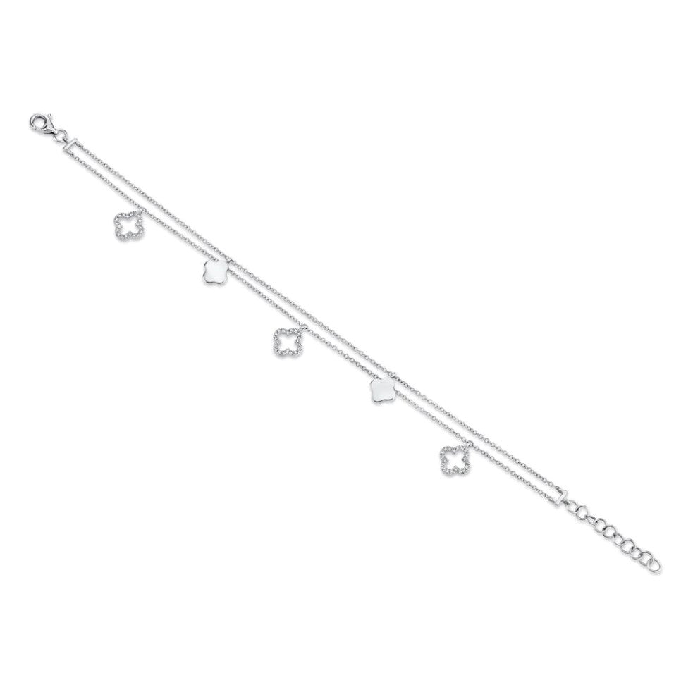 14K Gold 0.19 CT Diamond Clover Charm Bracelet Round Cut Natural Womens