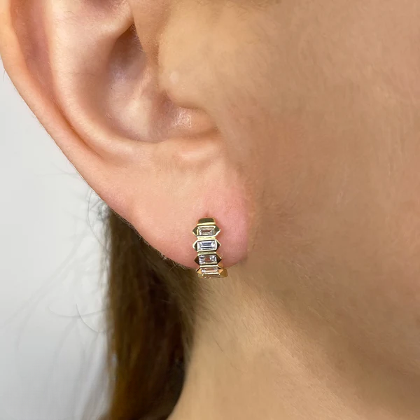 14K Gold Baguette Diamond Huggie Earrings