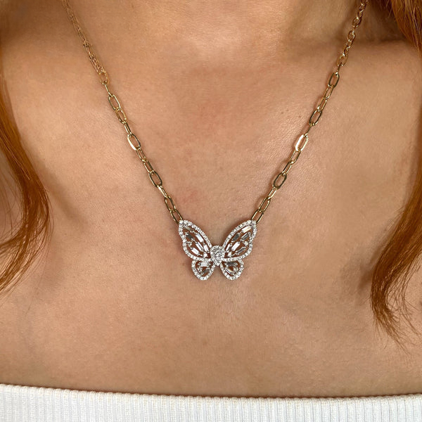 14K Gold Baguette Diamond Butterfly Necklace