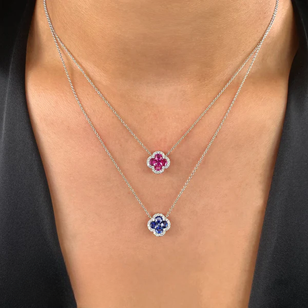 14K Gold Blue Sapphire Diamond Clover Necklace