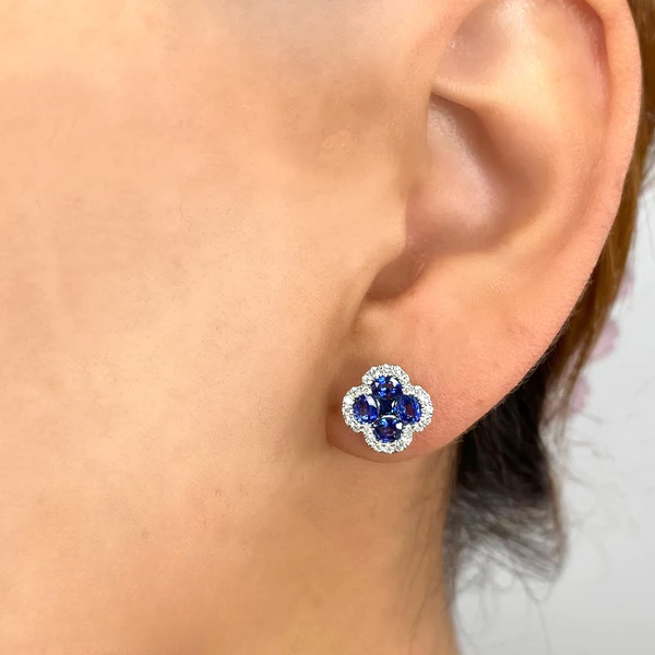 14K Gold Diamond Blue Sapphire Stud Earrings