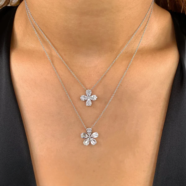 14K Gold Baguette Diamond Flower Necklace