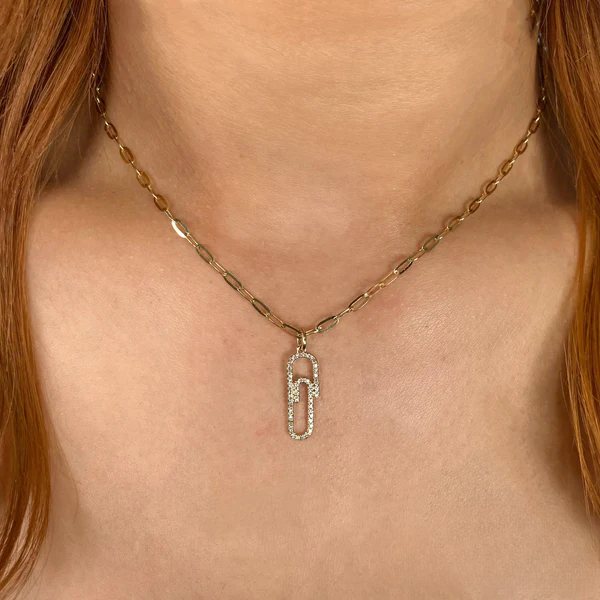 14K Gold Diamond Paper Clip Link Necklace
