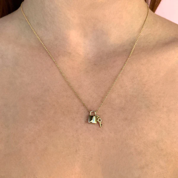 14K Gold Diamond Lock And Key Necklace