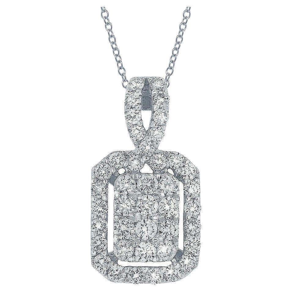 0.71 Carat Rectangular Round Cut Cluster Diamond White Gold Pendant Necklace