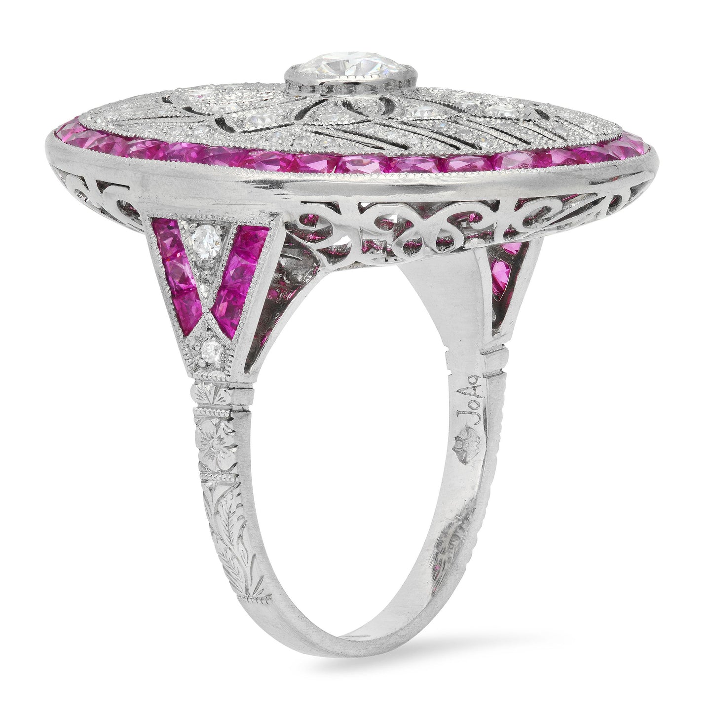 Art Deco Diamond Ruby Platinum Ring Natural Old Mine European Cut