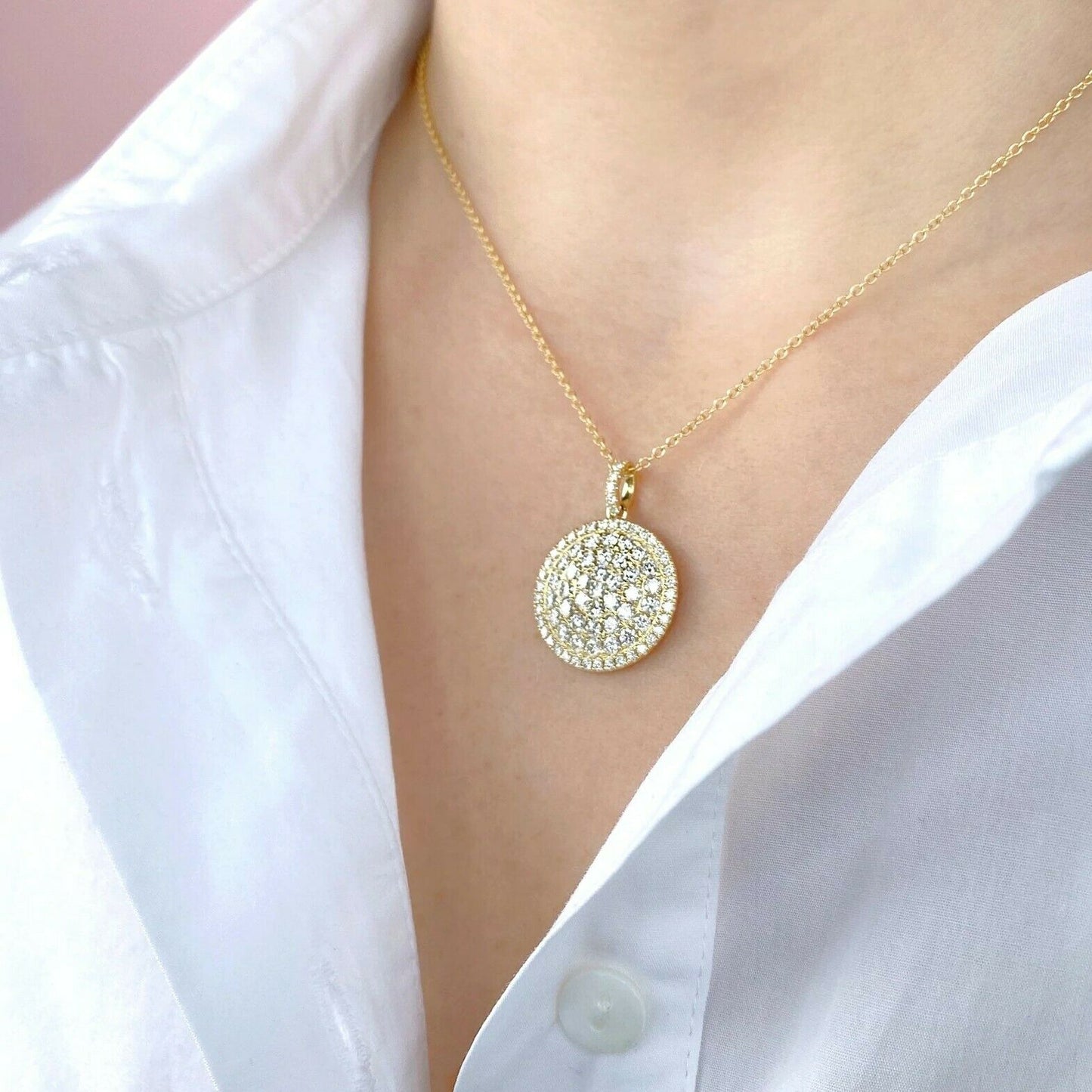 Diamond Circle Disc Necklace 14K Yellow Gold 1.02CT Round Cut Natural Womens