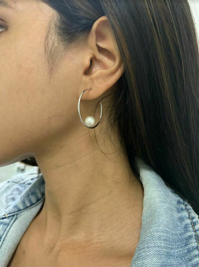 14K Gold Freshwater Pearl Hoop Earrings Natural Open Floating Unique
