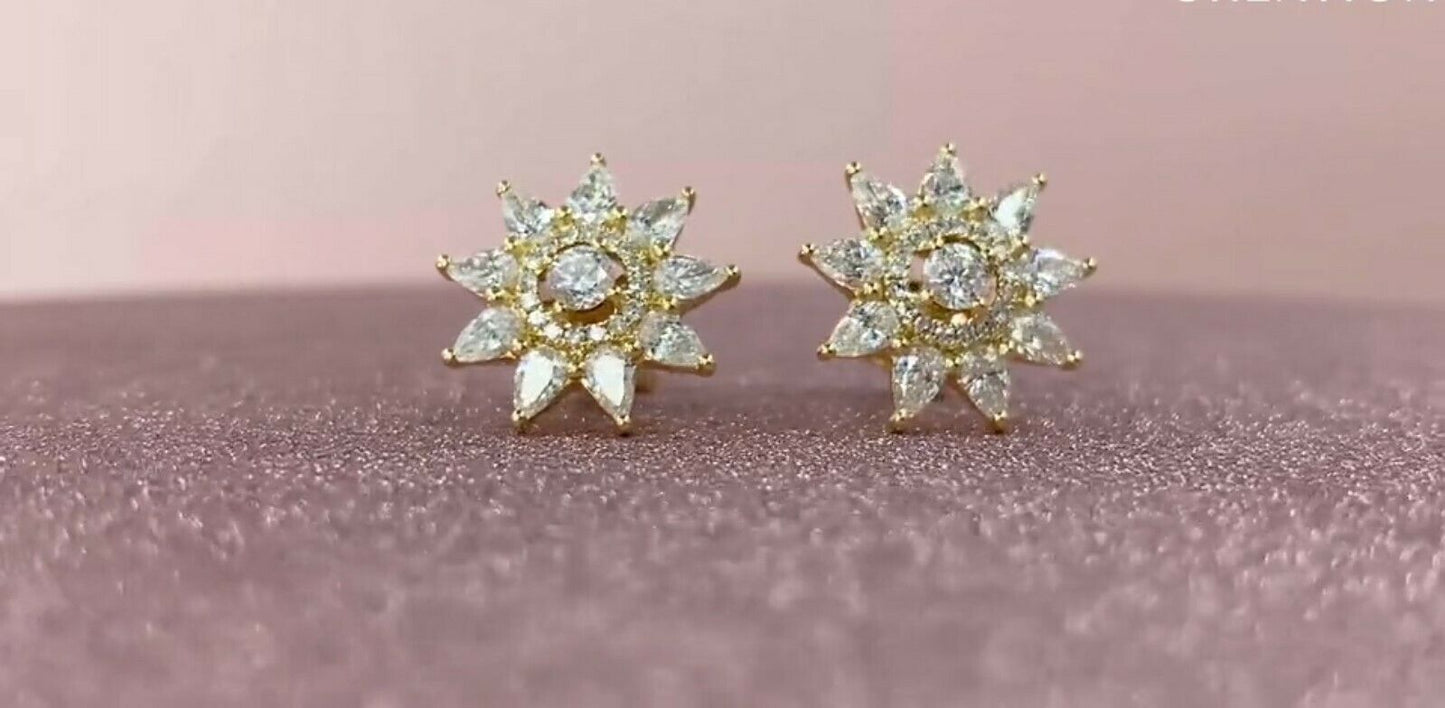 14K Gold 1.31 CT Pear Cut Diamond Star Stud Earrings Round Natural Certified