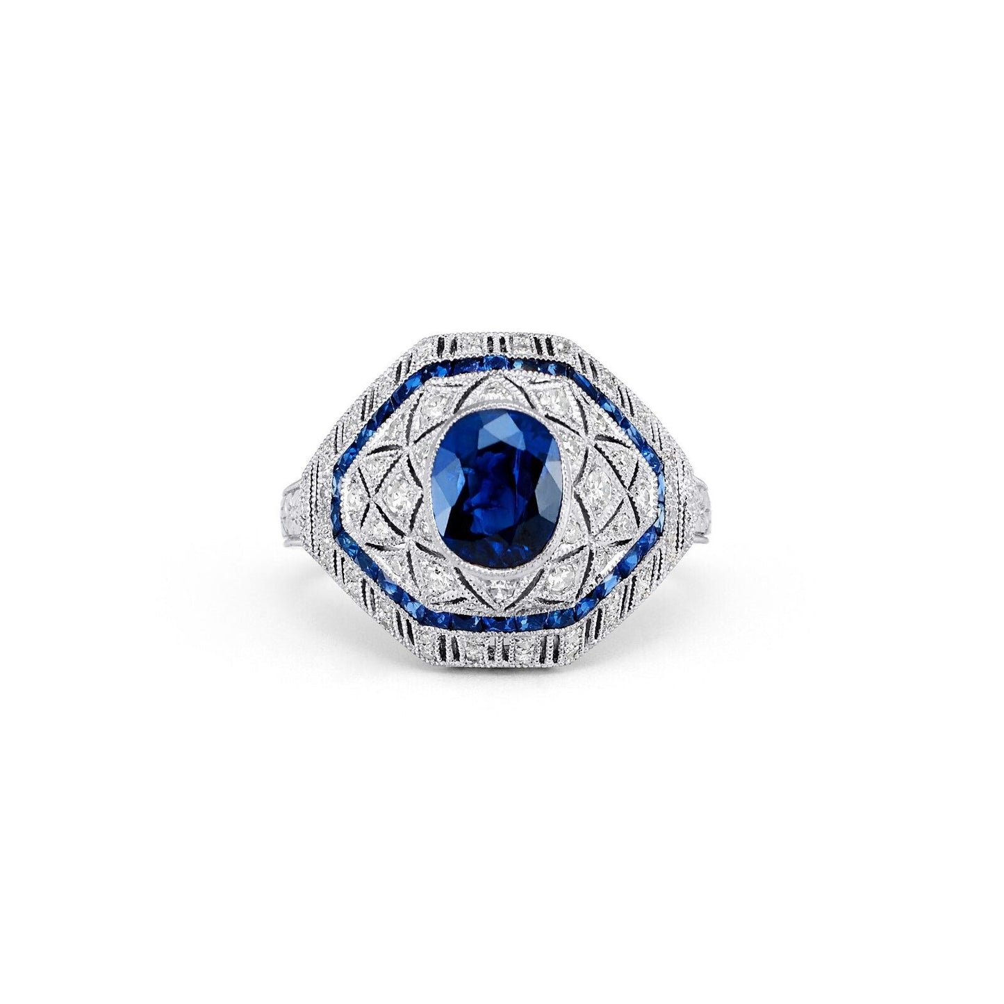 Art Deco Oval Sapphire Diamond Platinum Handmade Ring