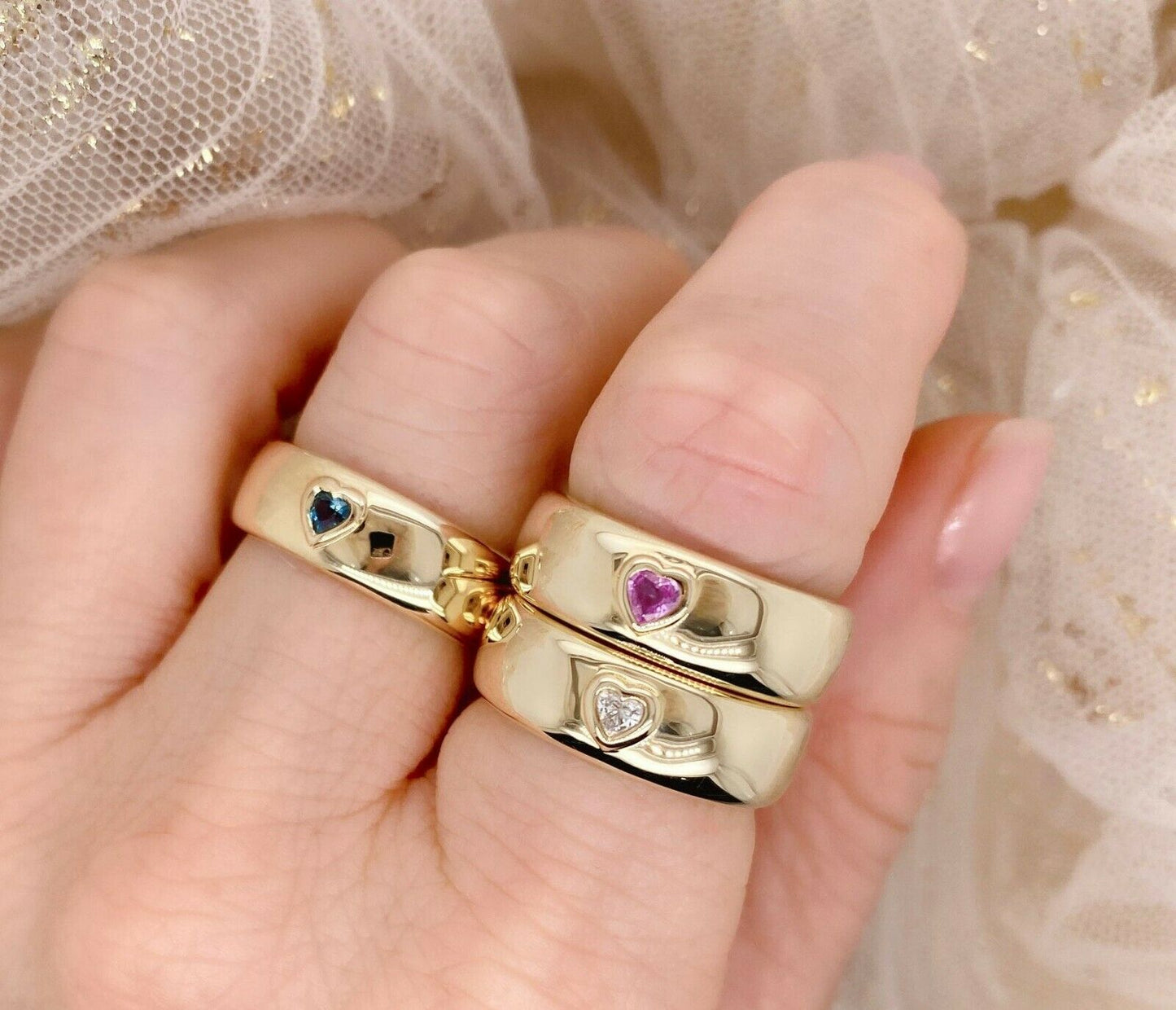14K Gold 0.09CT Heart Cut Diamond Band Ring Women's Natural