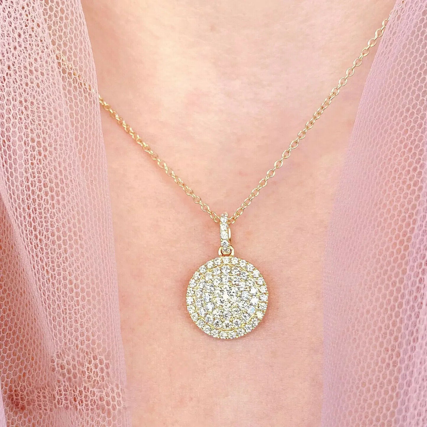 14K Gold 2.17CT Diamond Circle Disc Necklace Round Cut Natural Women's