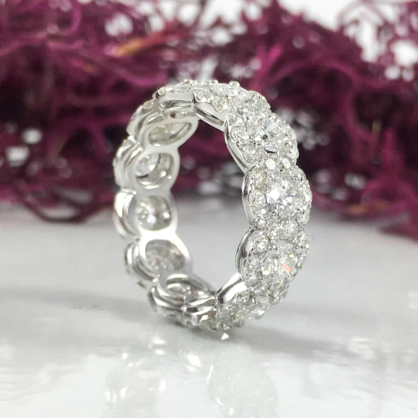 18K White Gold 2.12 CT Diamond Eternity Ring Round Cut Halo Natural Engagement Band