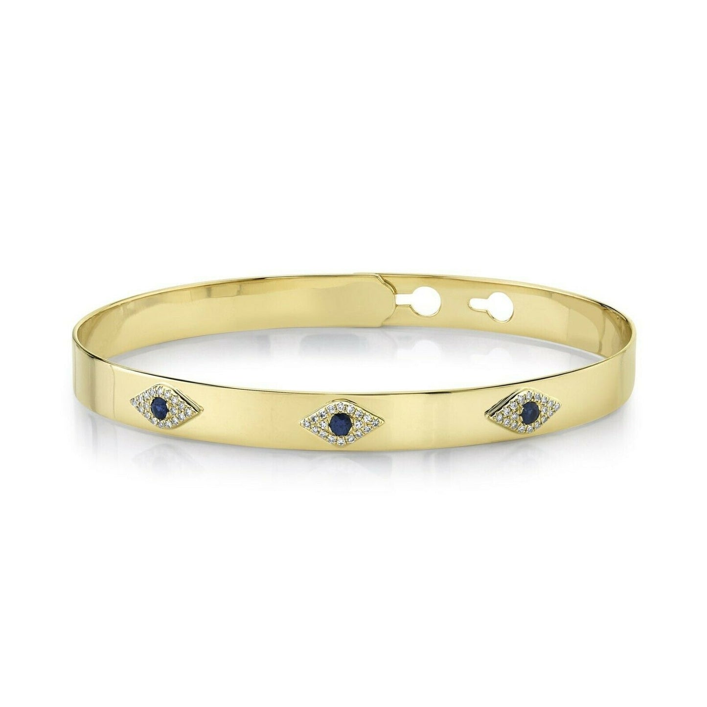 14K Gold 0.16 CT Evil Eye Diamond Sapphire Bangle Bracelet Latch Lock Adjustable