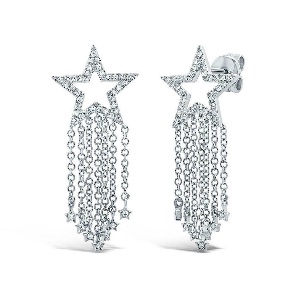 14K Gold 0.26CT Diamond Star Fringe Earrings Round Cut Natural Drop Dangle
