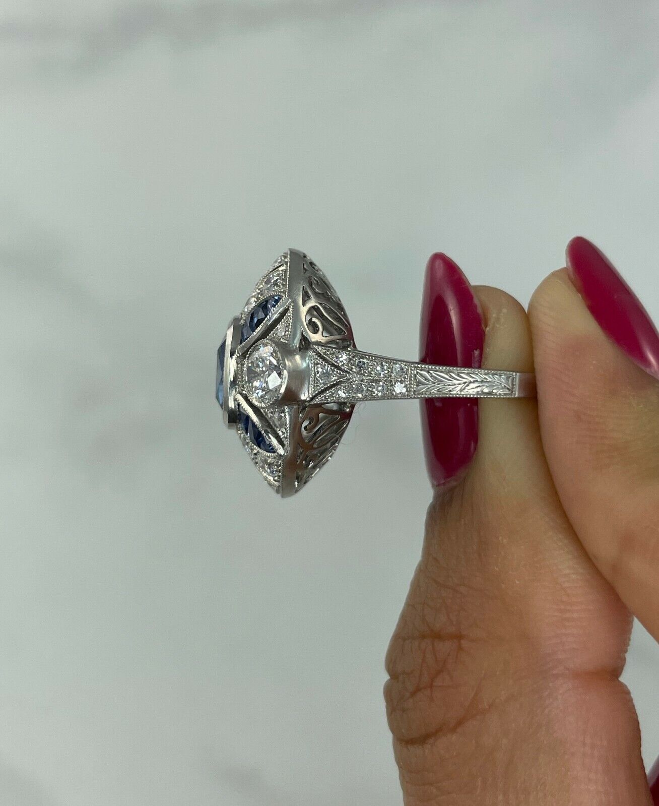 Cushion Blue Sapphire Old Mine Cut Diamond Platinum Ring Art Deco Antique Inspired