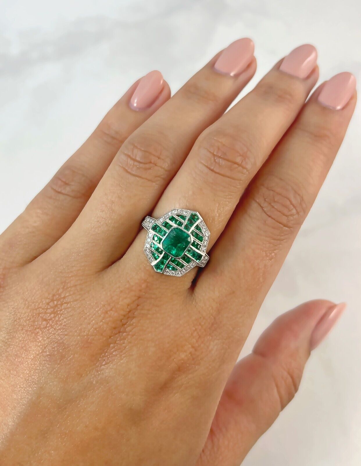 Art Deco Diamond And Emerald Platinum Ring Antique Inspired