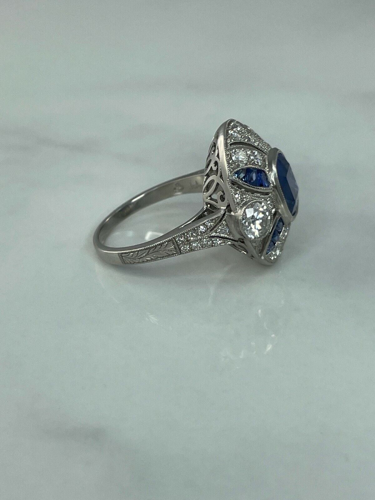 Cushion Blue Sapphire Old Mine Cut Diamond Platinum Ring Art Deco Antique Inspired