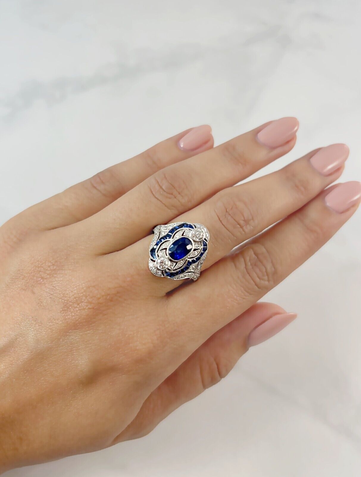 Art Deco Sapphire Old Mine European Cut Diamond Platinum Ring