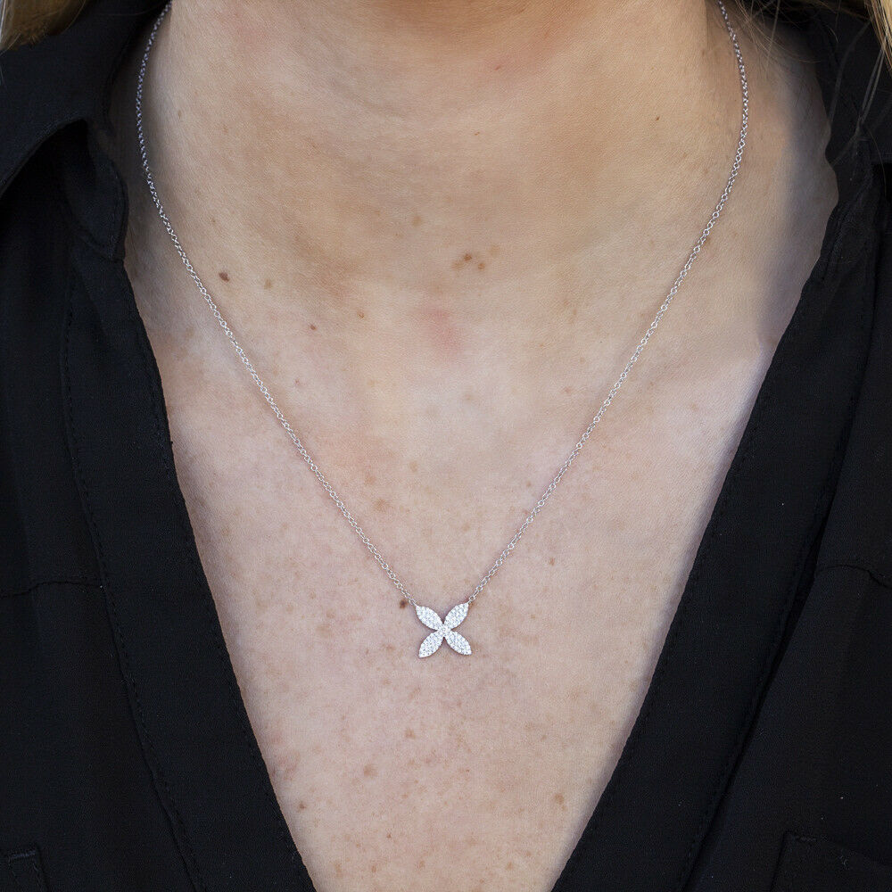 14K Gold 0.20 CT Diamond Flower Necklace Petal Pendant Pave Natural Womens