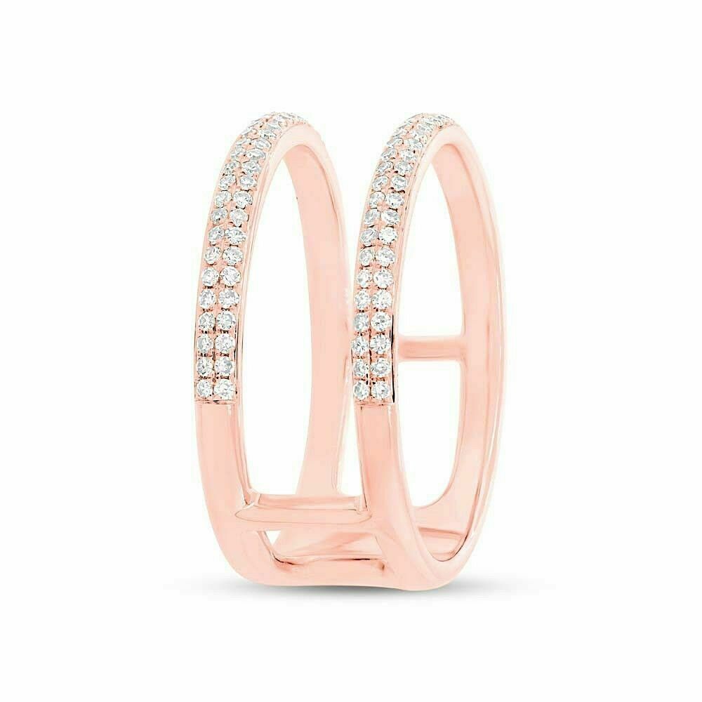 14K Gold 0.30 CT Diamond Pave 2 Band Rows Open Wrap Statement Ring Round