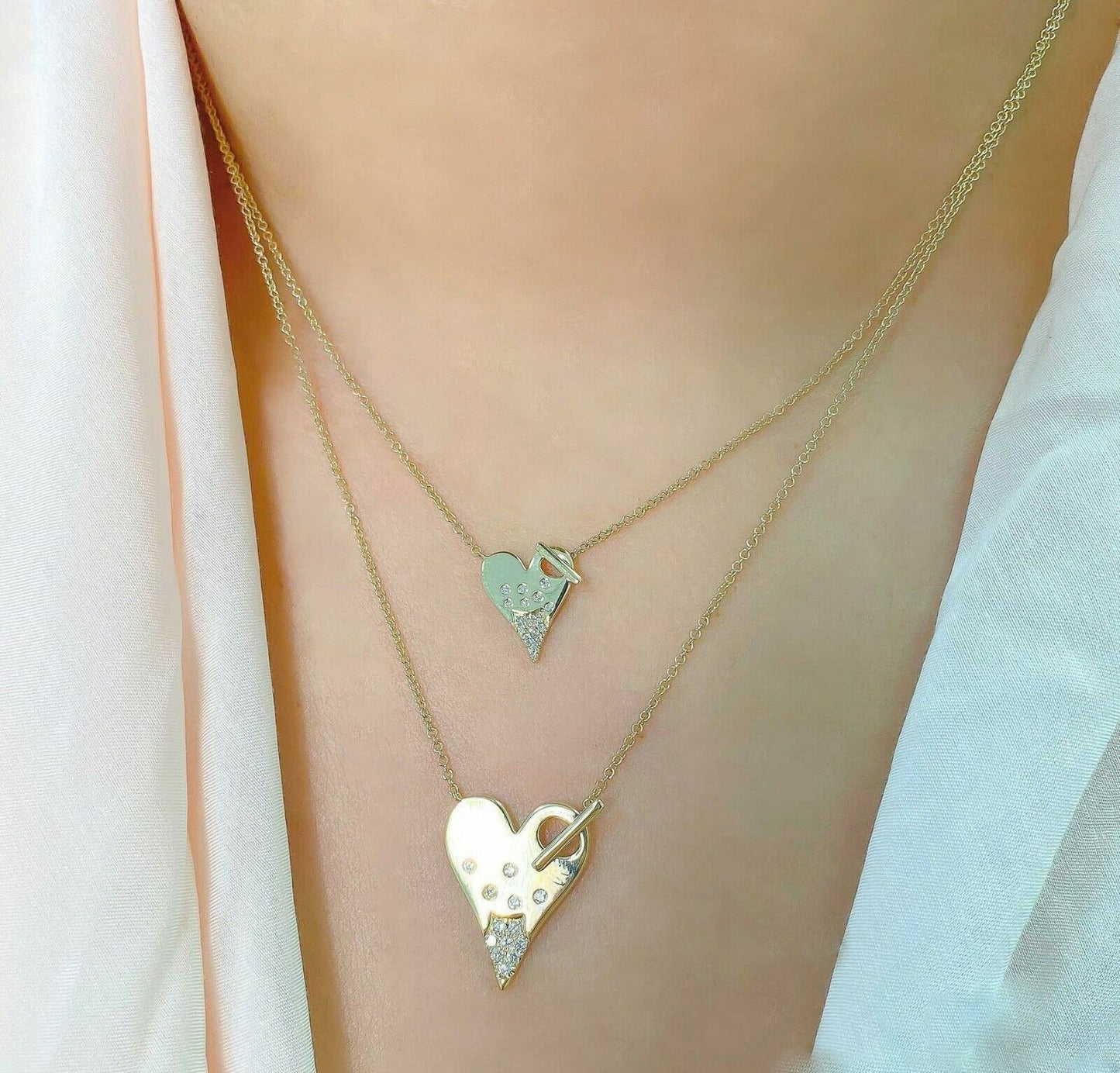 Diamond Heart Pendant Necklace 14K Yellow Gold Bezel Set Floating Round 0.13 CT