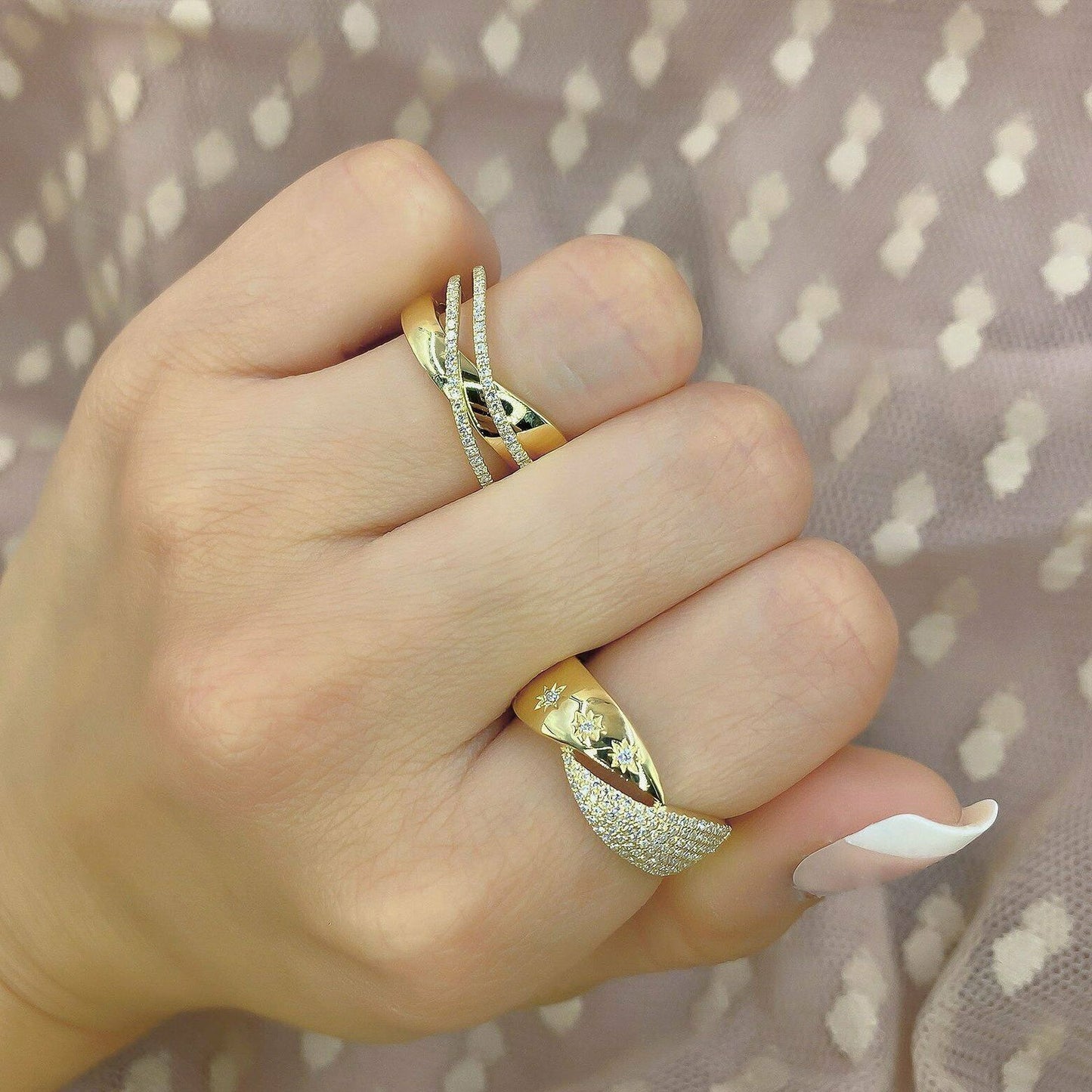14K Gold 0.19 CT Diamond Crossover Ring Crisscross X Ring Multi Band Overlay