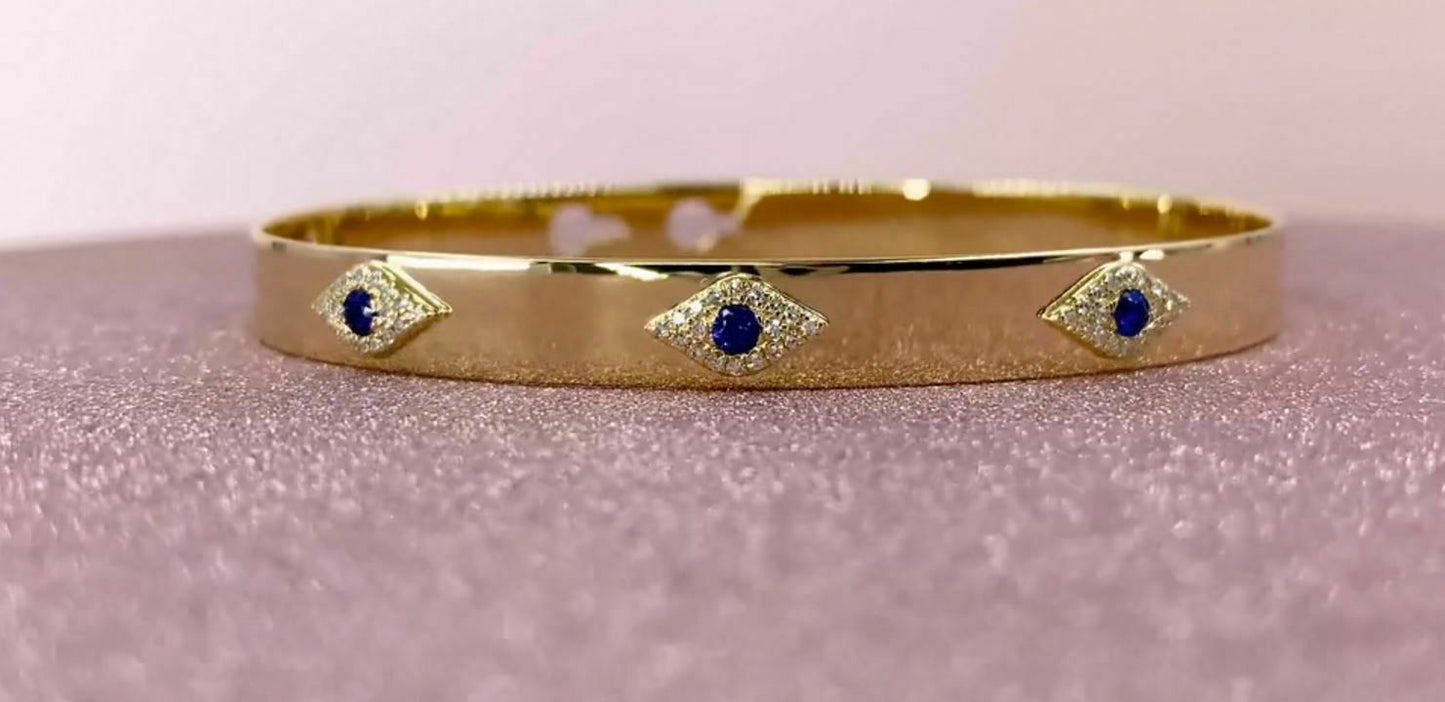 14K Gold 0.16 CT Evil Eye Diamond Sapphire Bangle Bracelet Latch Lock Adjustable