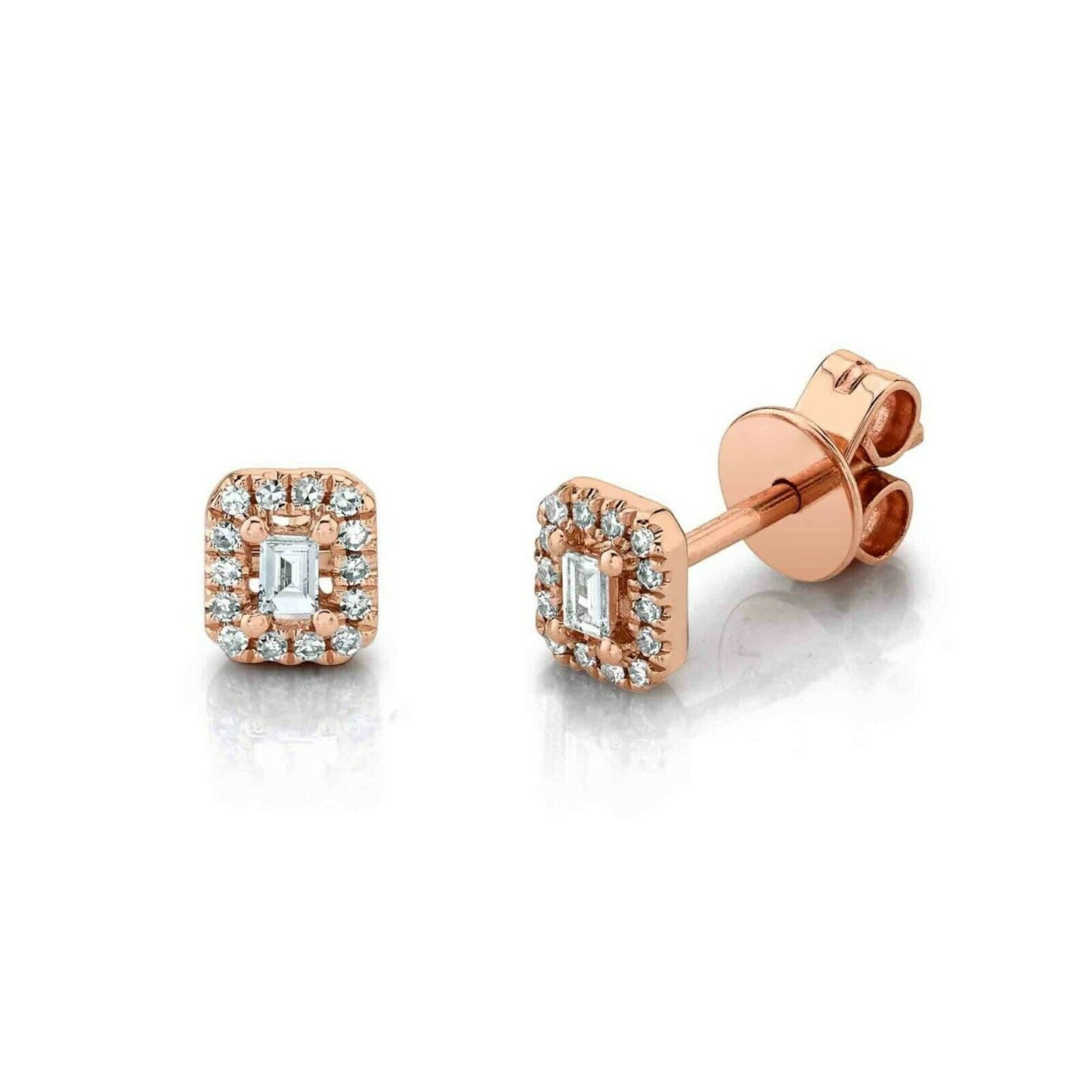 14K Gold 0.12 CT Baguette Cut Diamond Stud Earrings Halo Square
