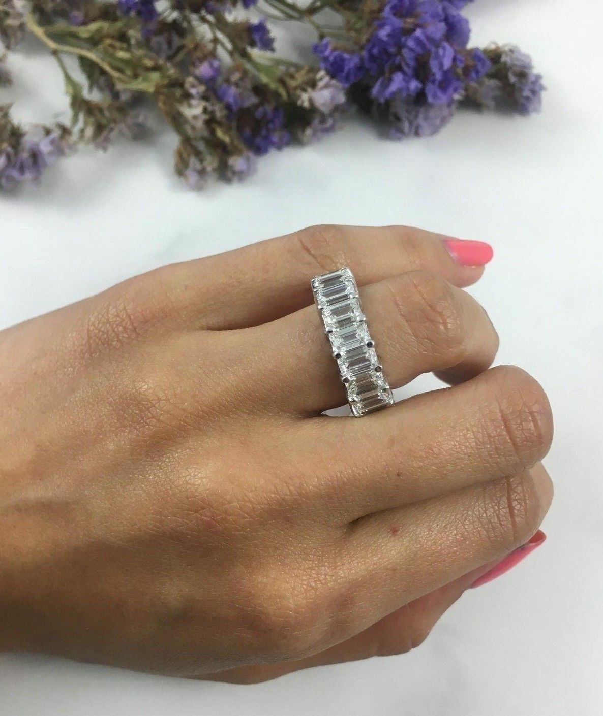 18K White Gold 9.21CT Eternity Ring Diamond Emerald Cut Size 6 Certified Natural