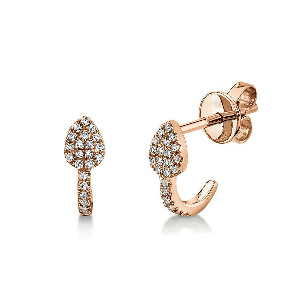 14k Gold 0.10 CT Diamond Pear Huggie Earrings Natural Pave Cuff Studs