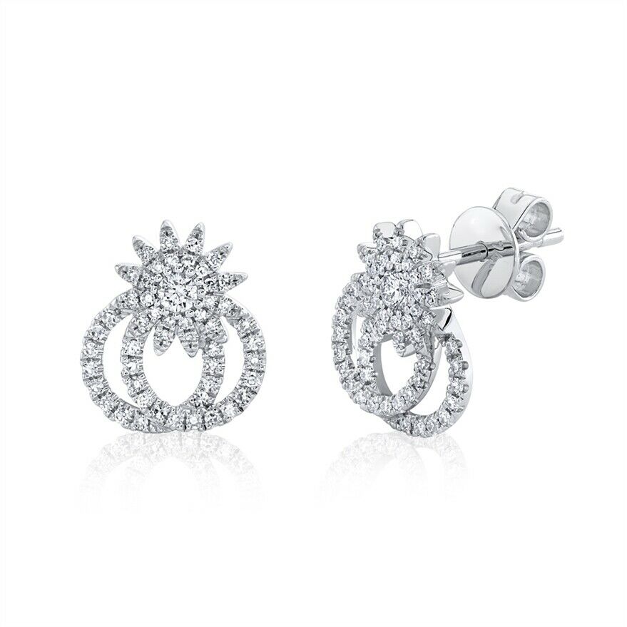 14K Gold 0.31 CT Diamond Starburst Stud Earrings Double Circle 2 Halo Natural