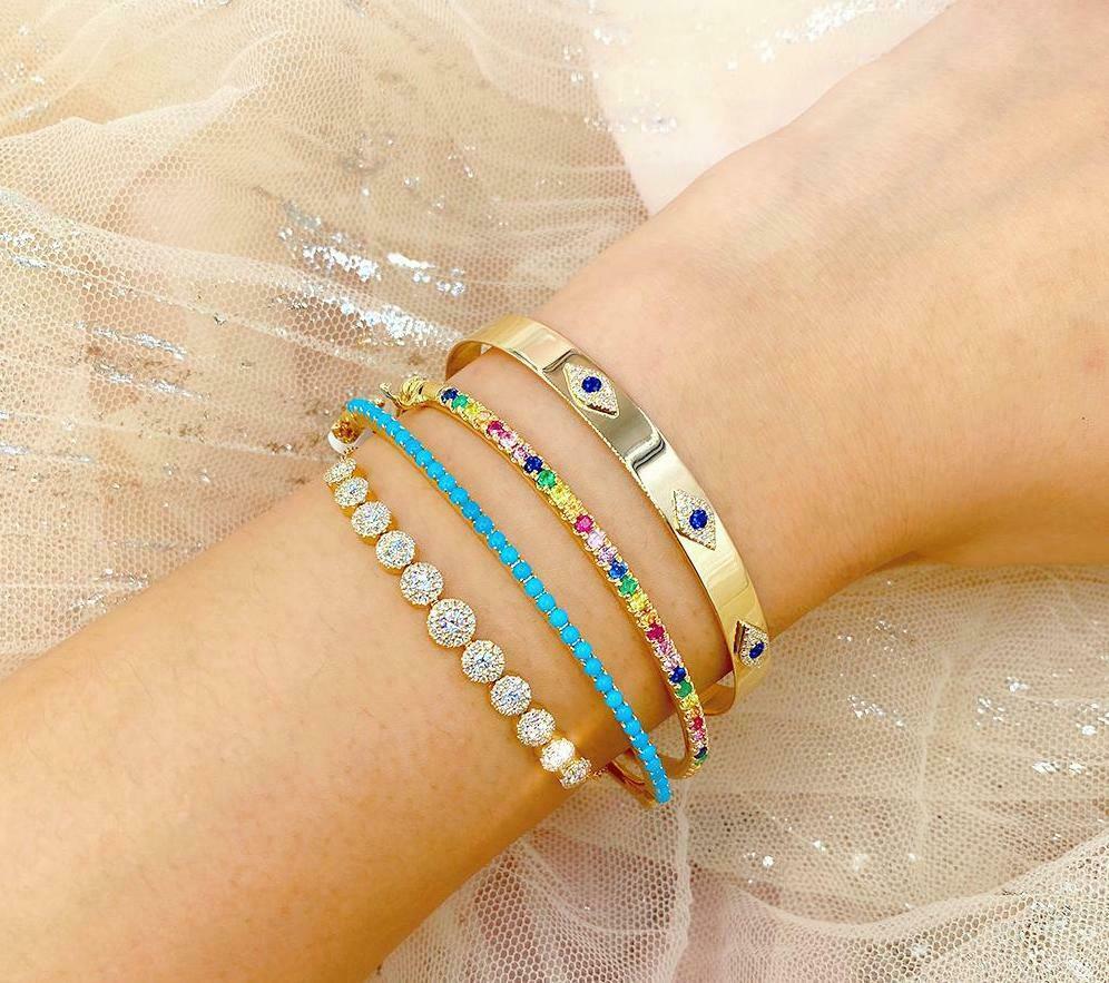 14K Gold 1.18 CT Multi Color Gemstone Rainbow Bangle Bracelet Round Cut