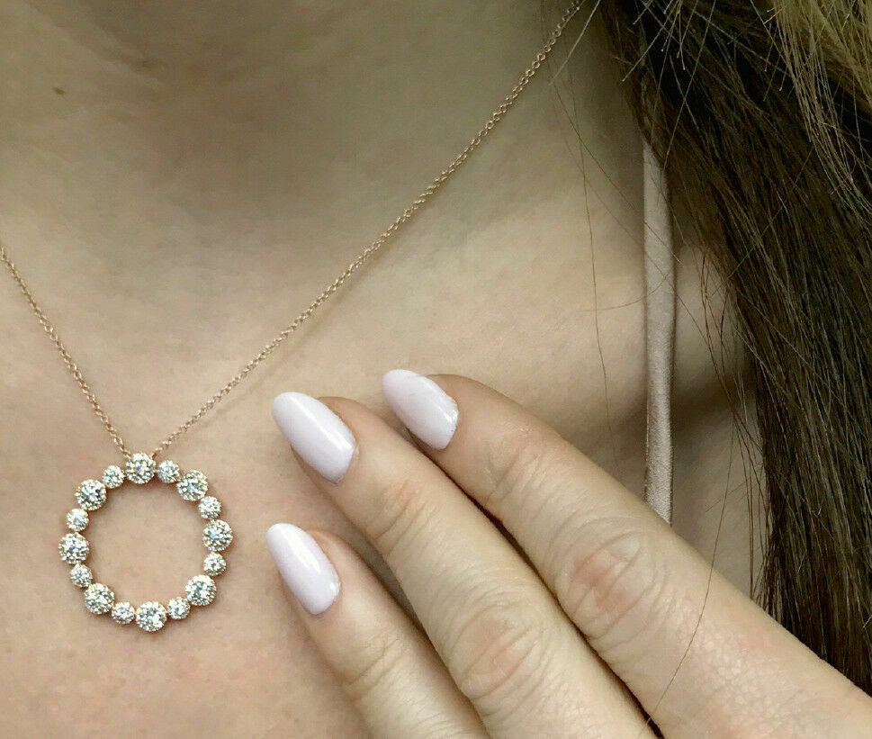 14K Gold 1.14 CT Diamond Circle O Halo Pendant Necklace Natural Round Cut