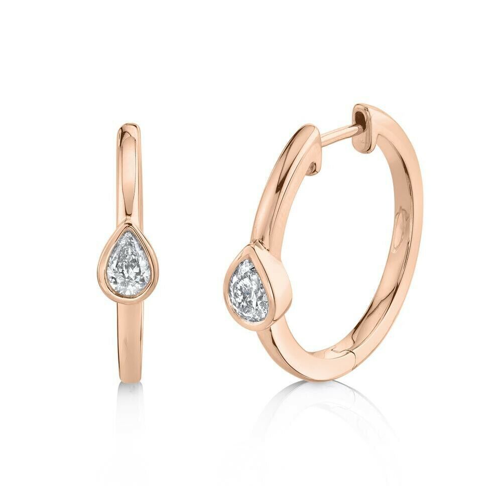 14K Gold 0.40 CT Pear Cut Diamond Hoop Earrings Bezel Set