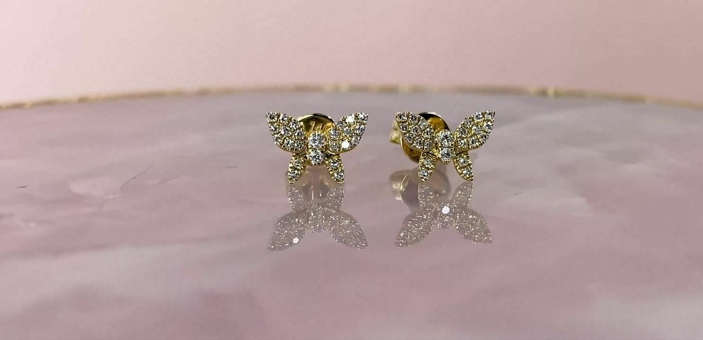 14K Gold 0.16 CT Diamond Butterfly Earrings Studs Round Natural Children Adult
