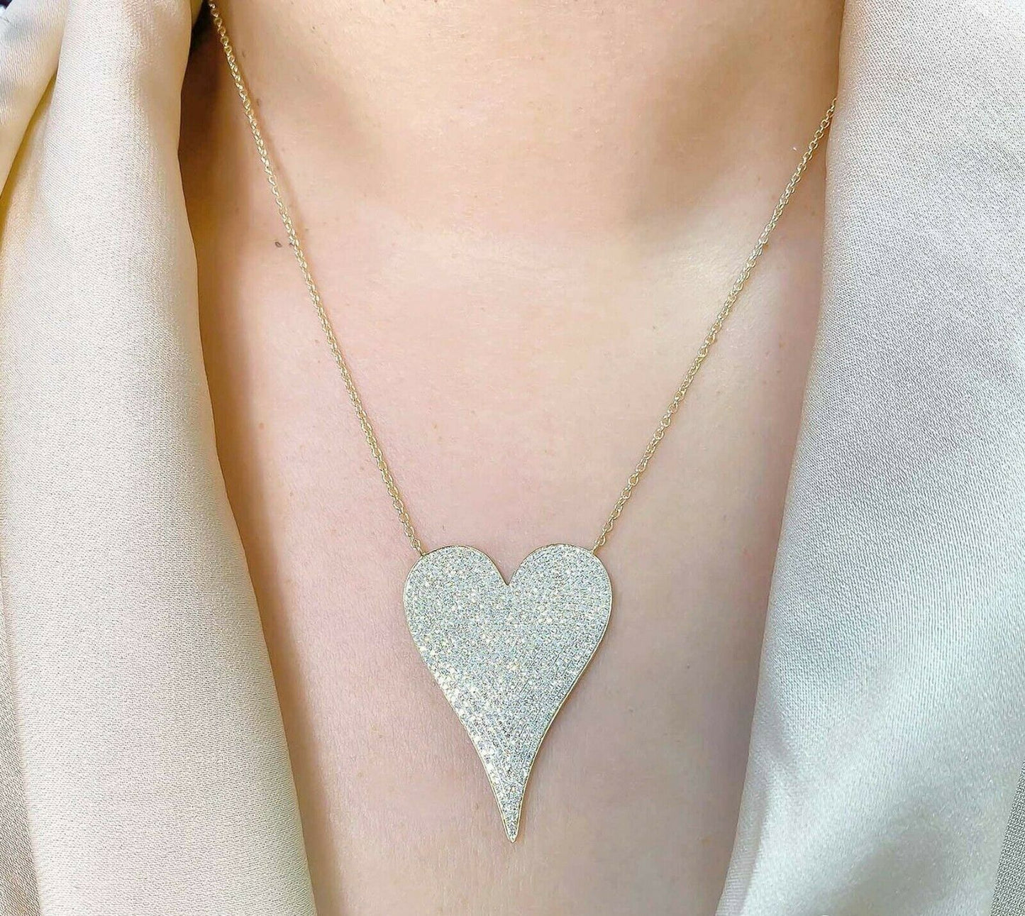 Big Diamond Heart Necklace 14K White Gold 1.42CT Round Cut Natural